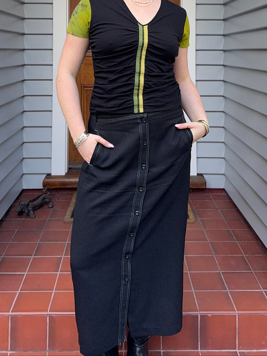Black Midi Skirt with White Exposed Stitch | Size 16