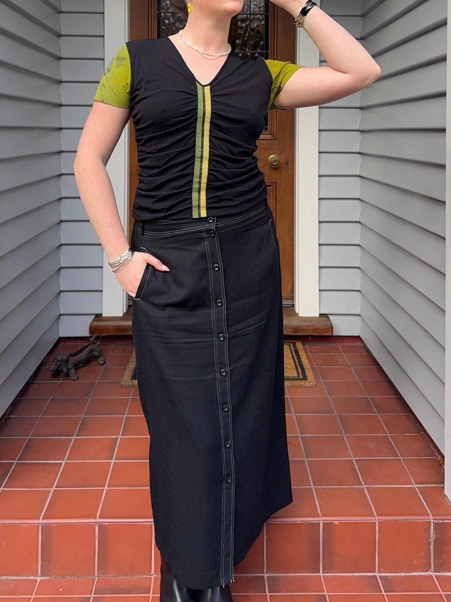 Black Midi Skirt with White Exposed Stitch | Size 16