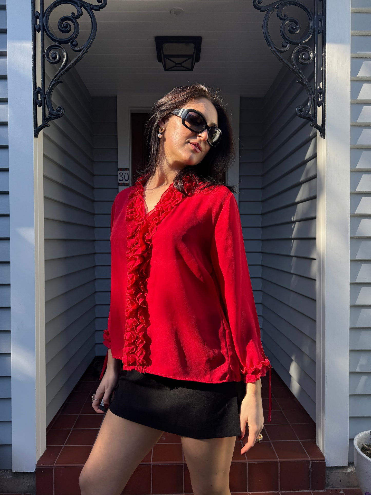 90s Red Ruffle Blouse | Size 14