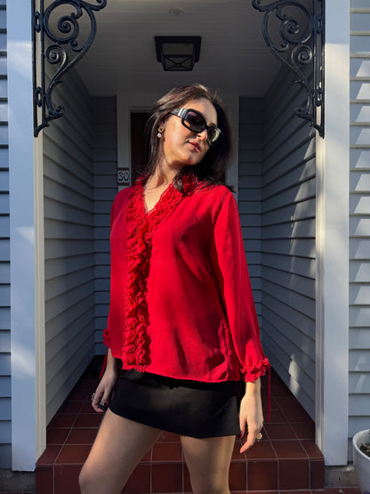 90s Red Ruffle Blouse | Size 14