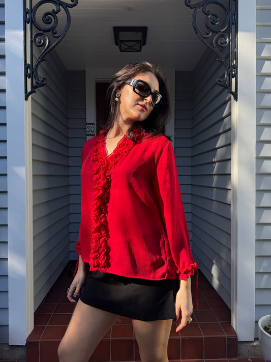 90s Red Ruffle Blouse | Size 14