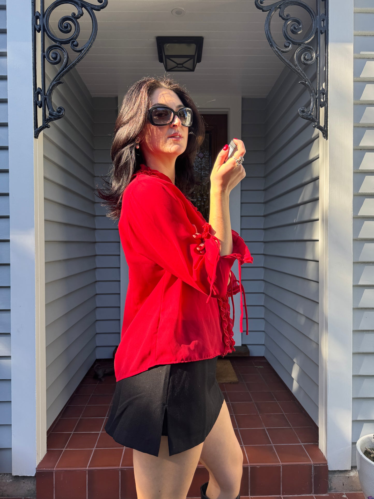 90s Red Ruffle Blouse | Size 14