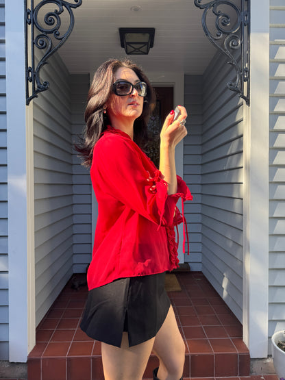 90s Red Ruffle Blouse | Size 14