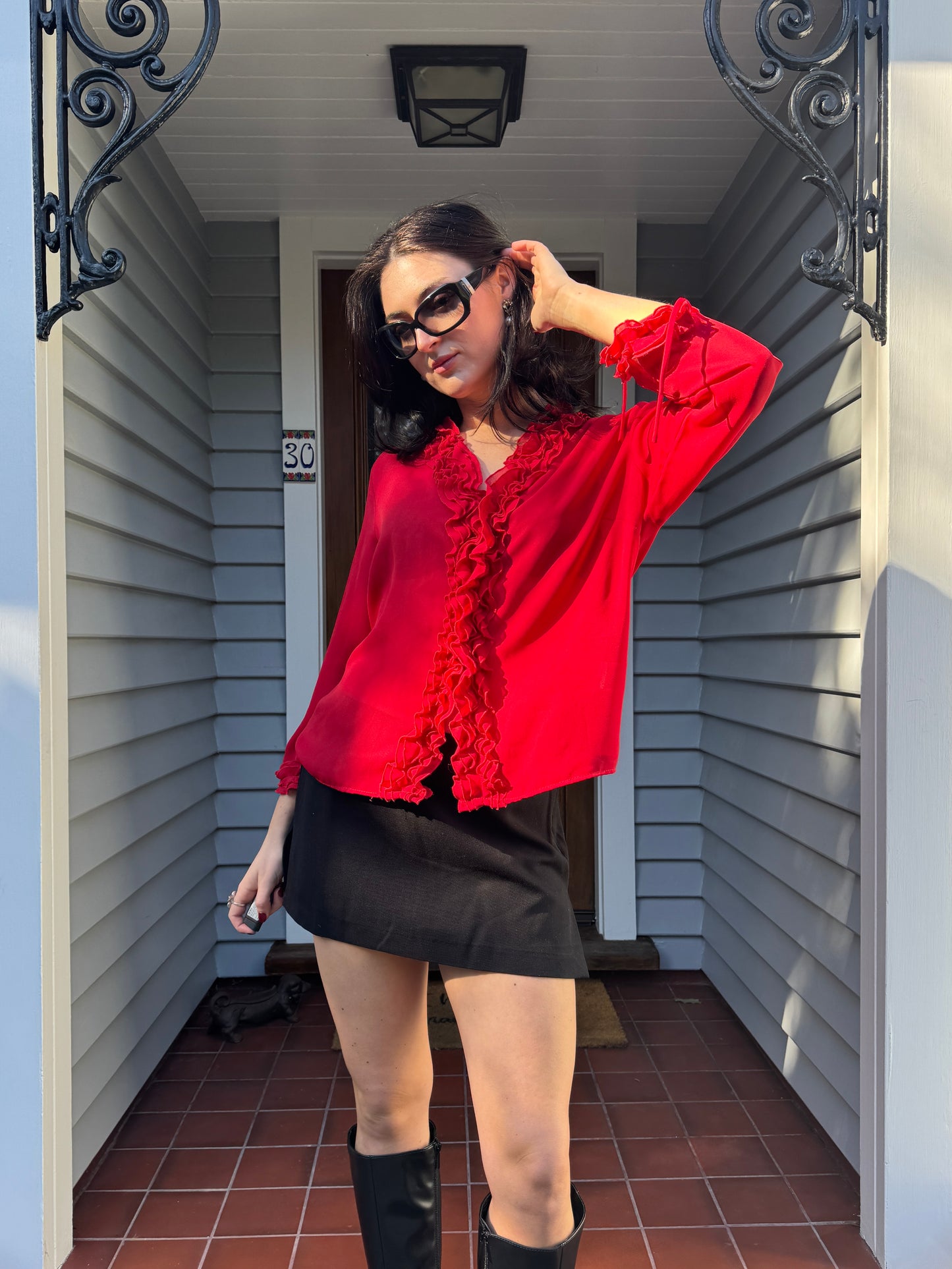 90s Red Ruffle Blouse | Size 14