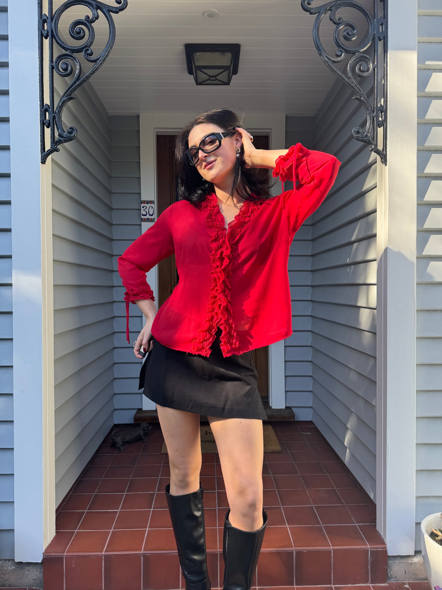 90s Red Ruffle Blouse | Size 14