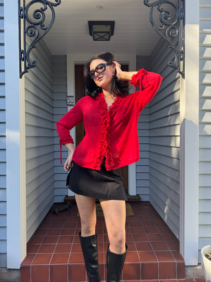 90s Red Ruffle Blouse | Size 14