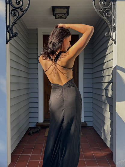 Vintage Black + Gold Maxi Dress | Size 10