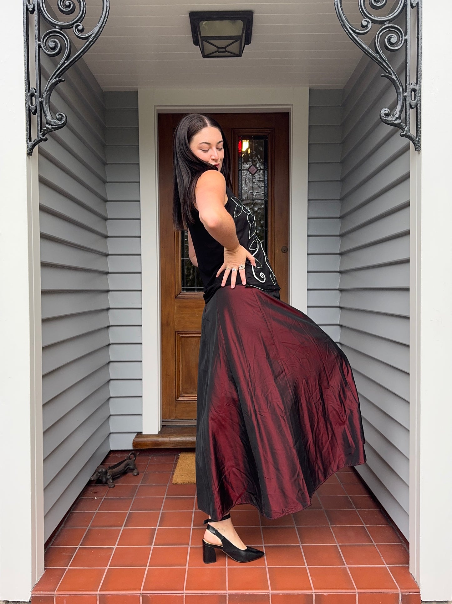 Red Iridescent Maxi Skirt | Size 10