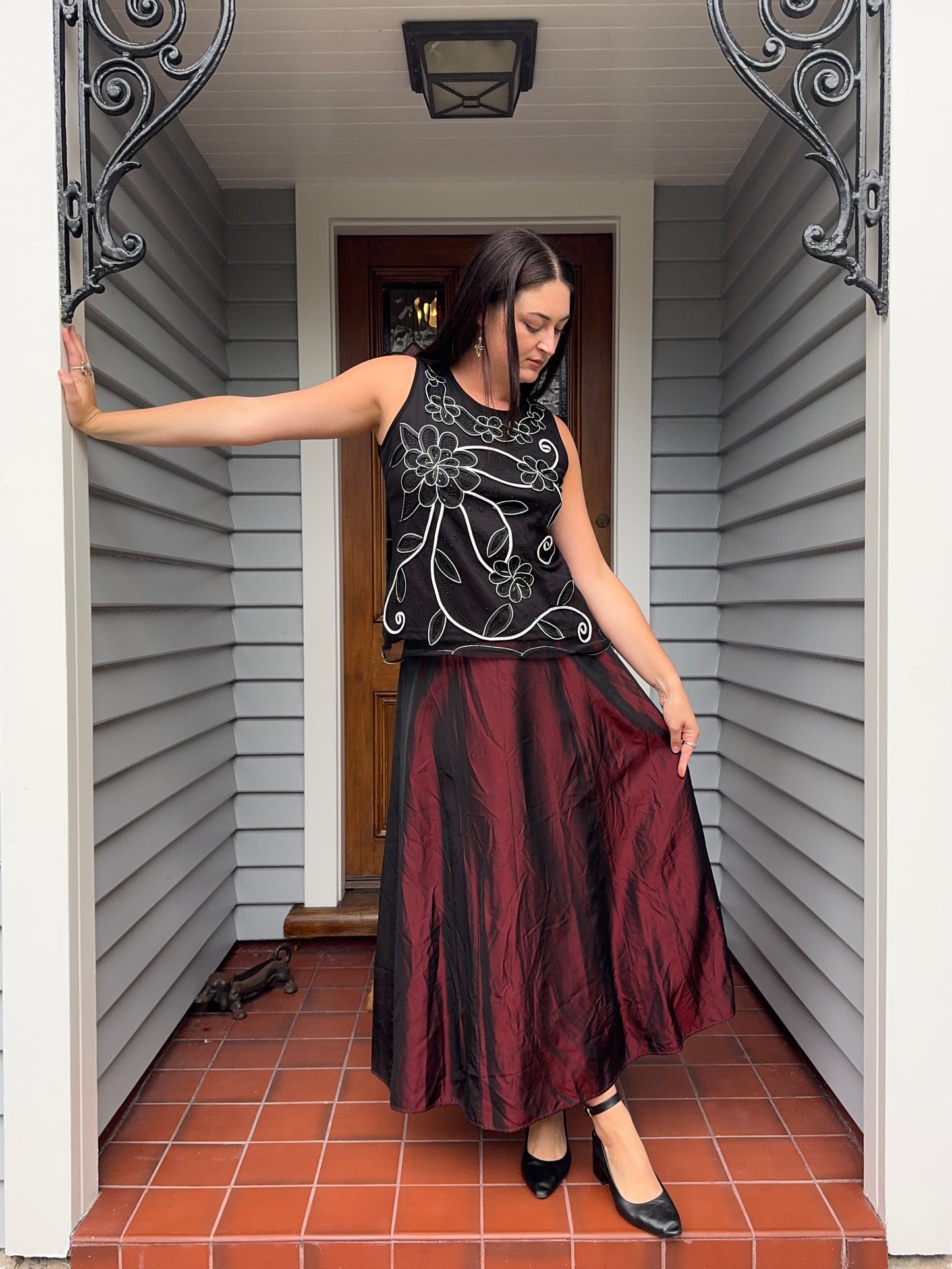 Red Iridescent Maxi Skirt | Size 10