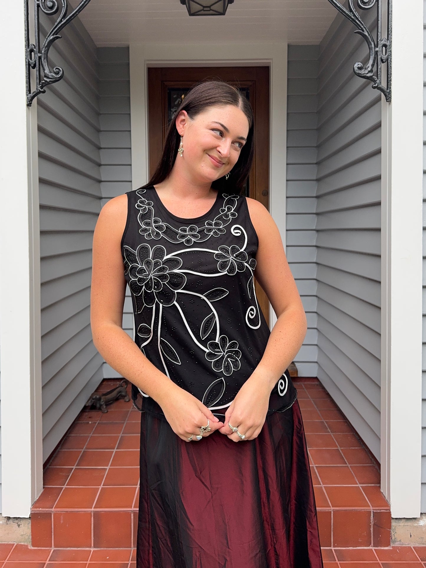 Black Floral Mesh Top With Beading | Size 12-16