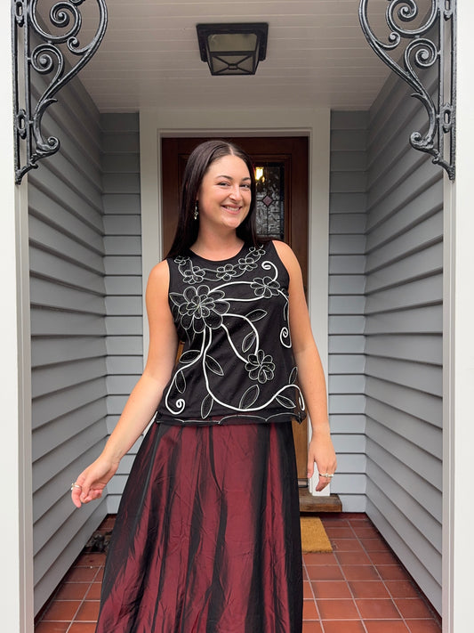 Black Floral Mesh Top With Beading | Size 12-16