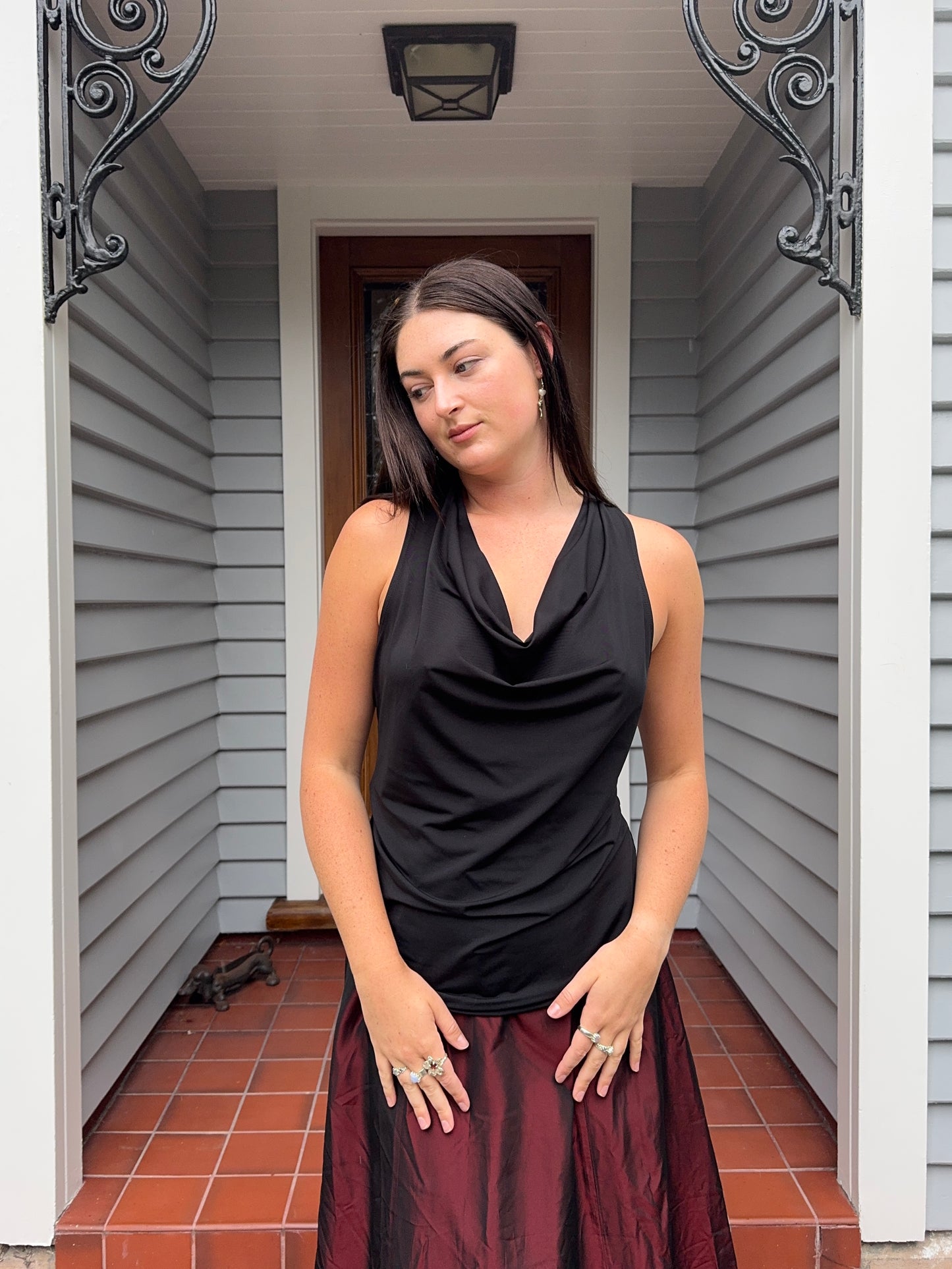 Black Cowl-Neck Top With Jewels | Size 14-16