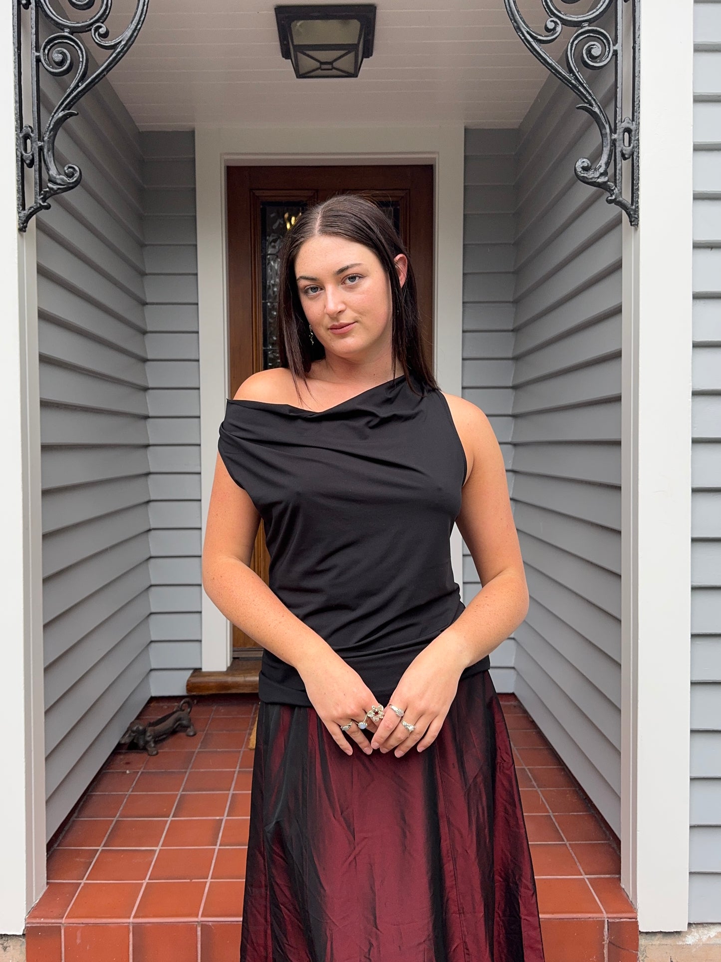 Black Cowl-Neck Top With Jewels | Size 14-16