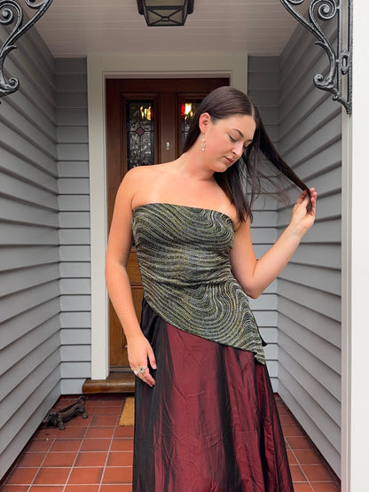 Vintage Sparkly Asymmetric Strapless Top | Size M