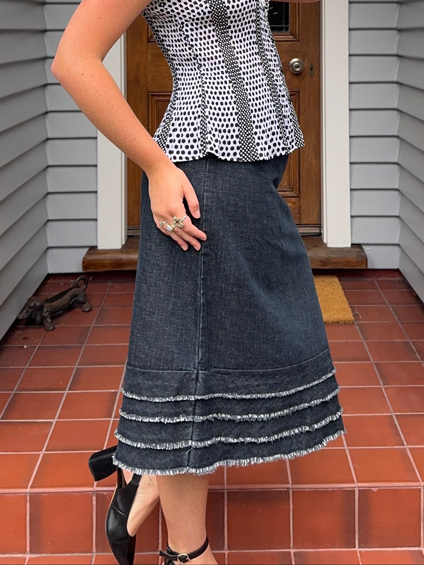 Midi Denim Skirt With Frill Detail | Size 10-12