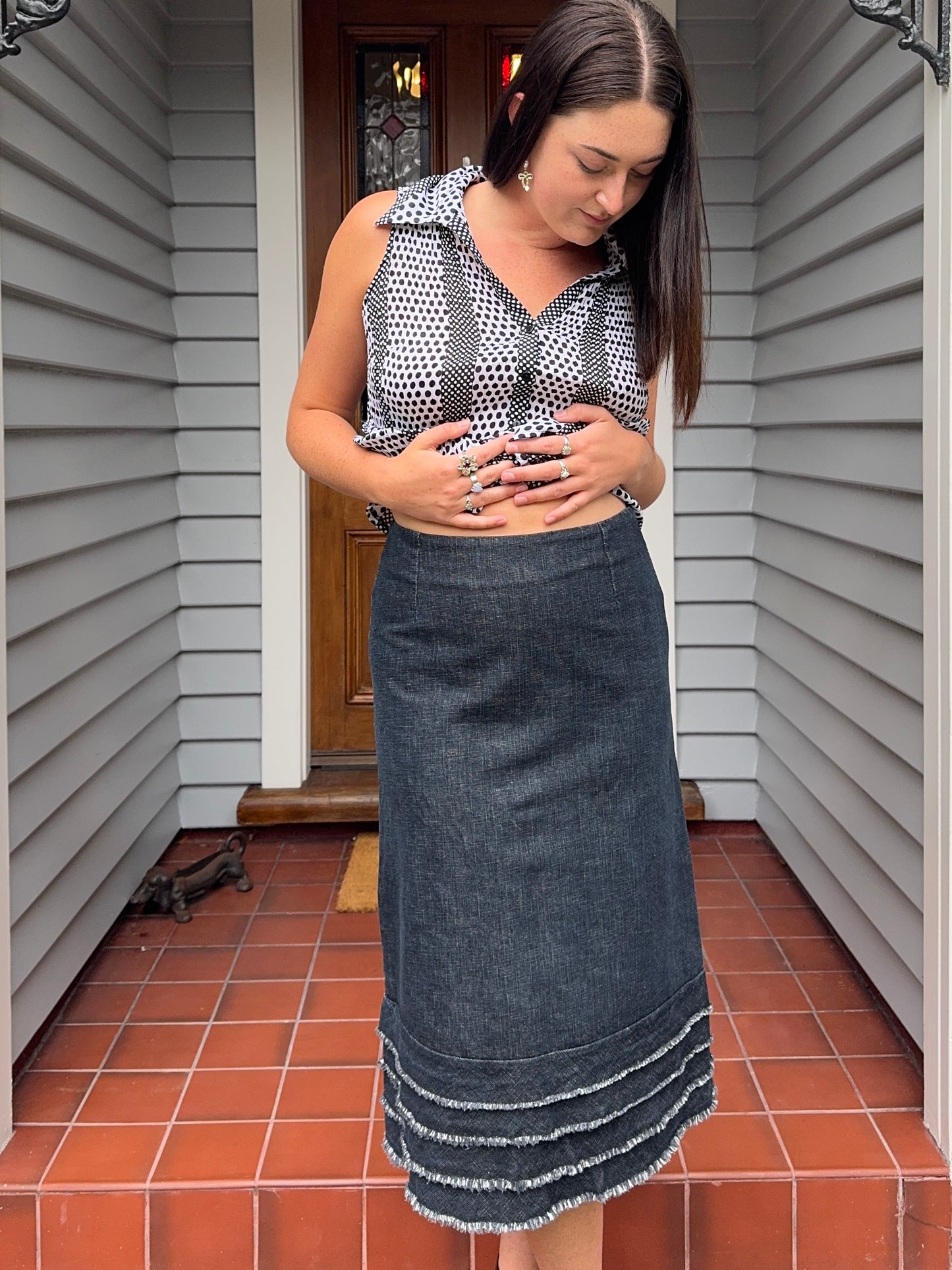 Midi Denim Skirt With Frill Detail | Size 10-12