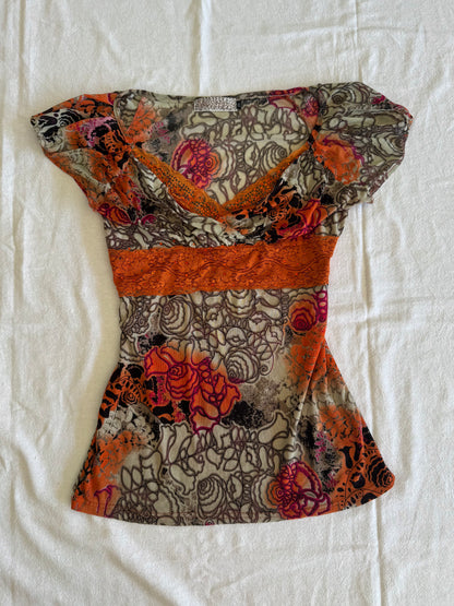 Patterned Top with Orange Beading | Size 10-12