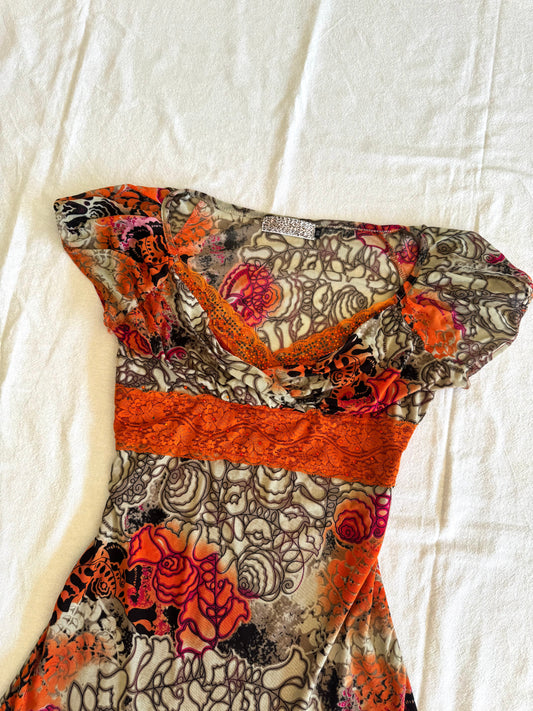 Patterned Top with Orange Beading | Size 10-12