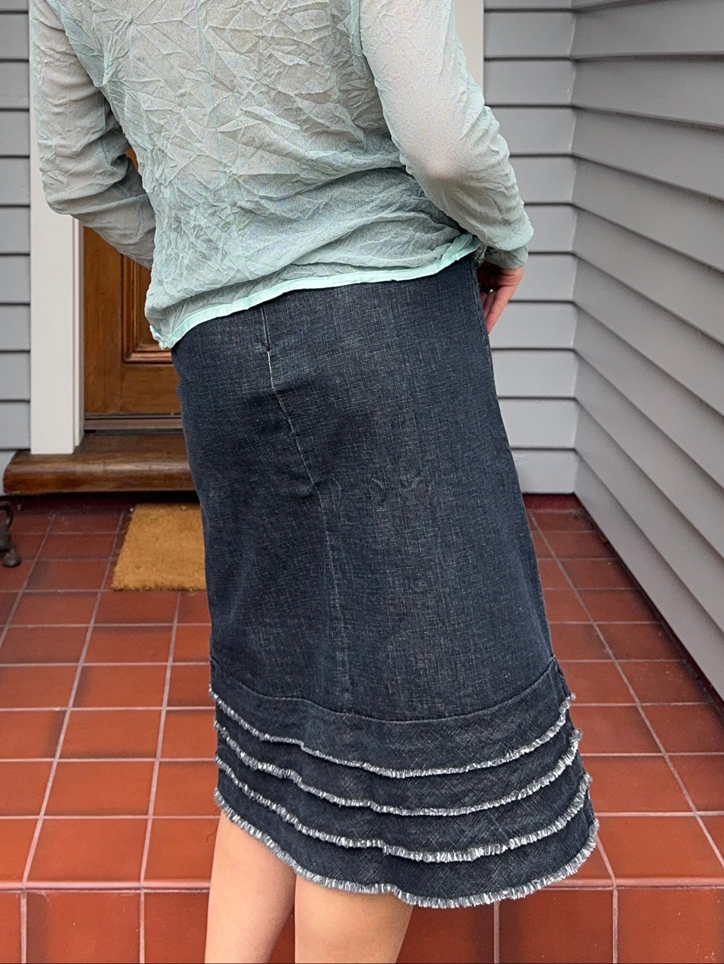 Midi Denim Skirt With Frill Detail | Size 10-12