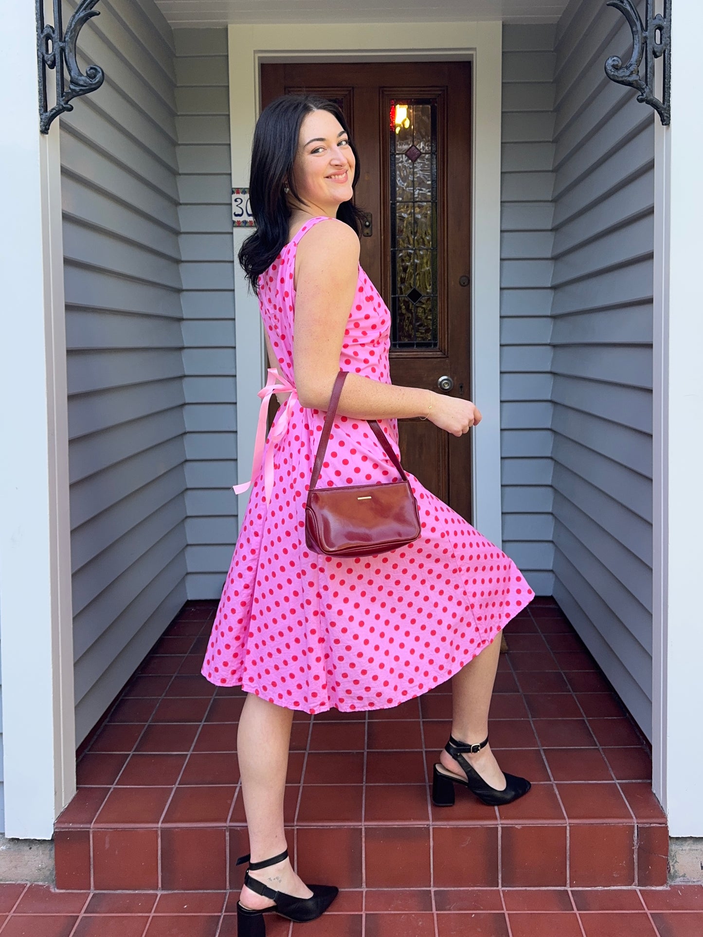 Handmade Pink + Red Polka Dot Midi Dress | Size 10-12