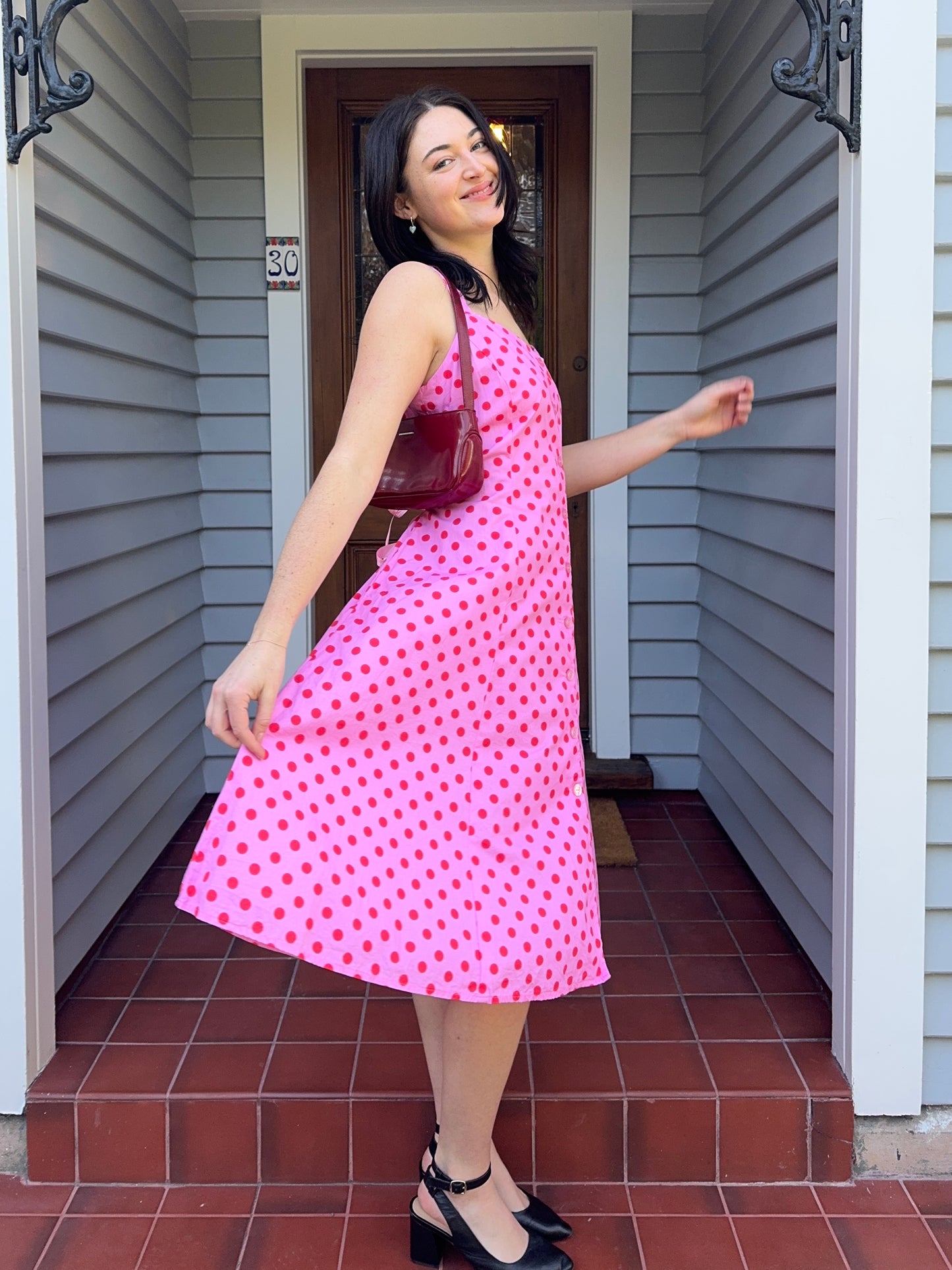 Handmade Pink + Red Polka Dot Midi Dress | Size 10-12