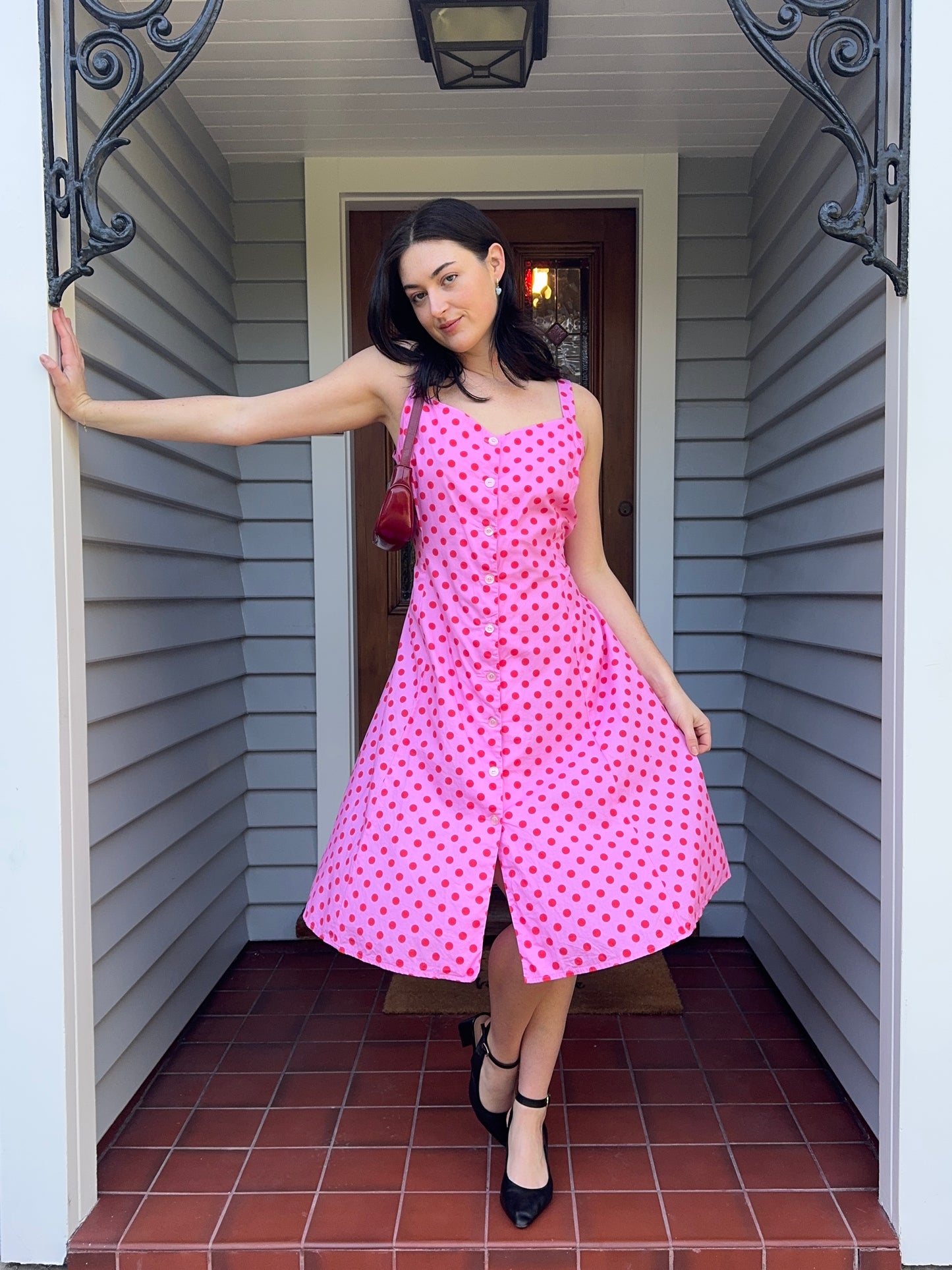 Handmade Pink + Red Polka Dot Midi Dress | Size 10-12