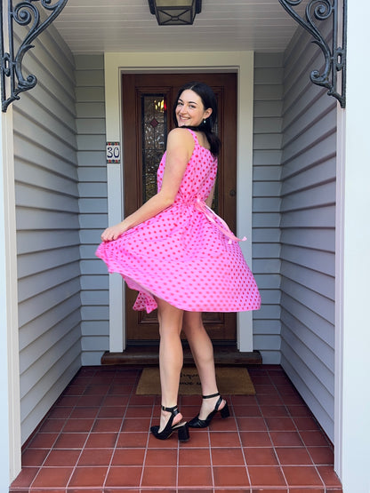 Handmade Pink + Red Polka Dot Midi Dress | Size 10-12