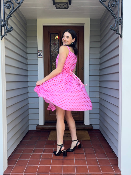 Handmade Pink + Red Polka Dot Midi Dress | Size 10-12
