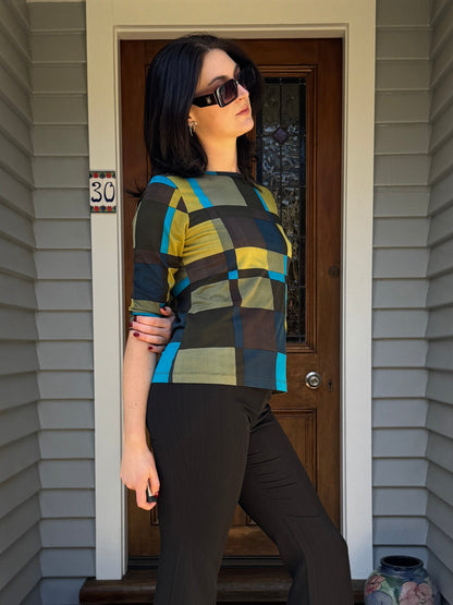 70s Patterned 3/4 Sleeve Top | Size M-L