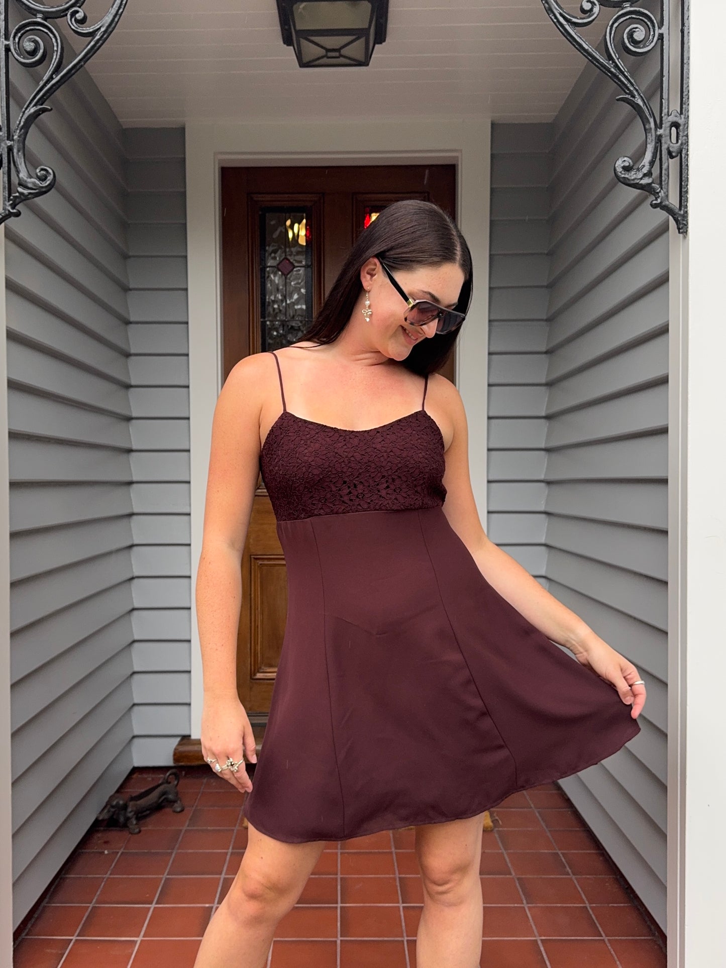 Vintage Brown Lace Mini Dress | Size 12-14