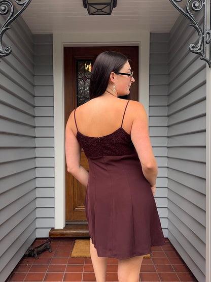 Vintage Brown Lace Mini Dress | Size 12-14