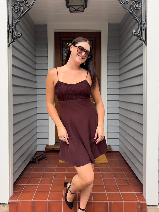 Vintage Brown Lace Mini Dress | Size 12-14