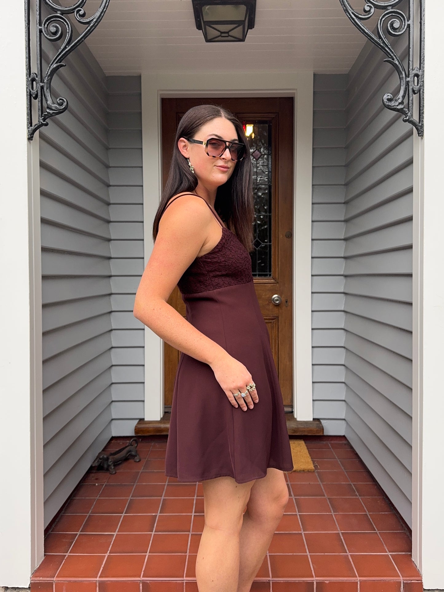 Vintage Brown Lace Mini Dress | Size 12-14