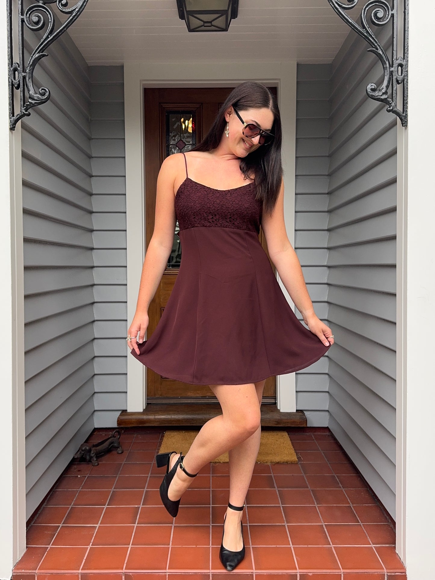 Vintage Brown Lace Mini Dress | Size 12-14