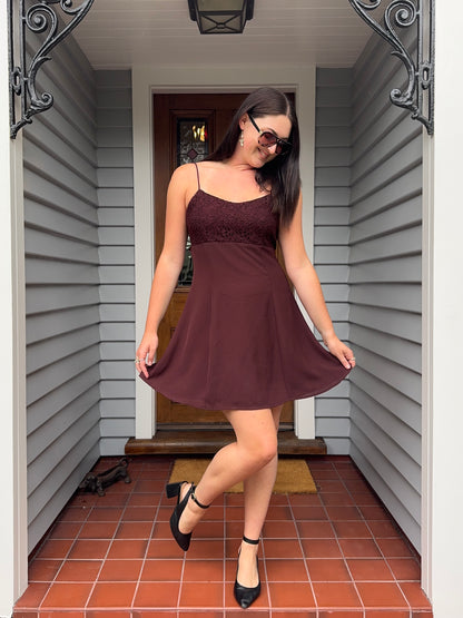 Vintage Brown Lace Mini Dress | Size 12-14