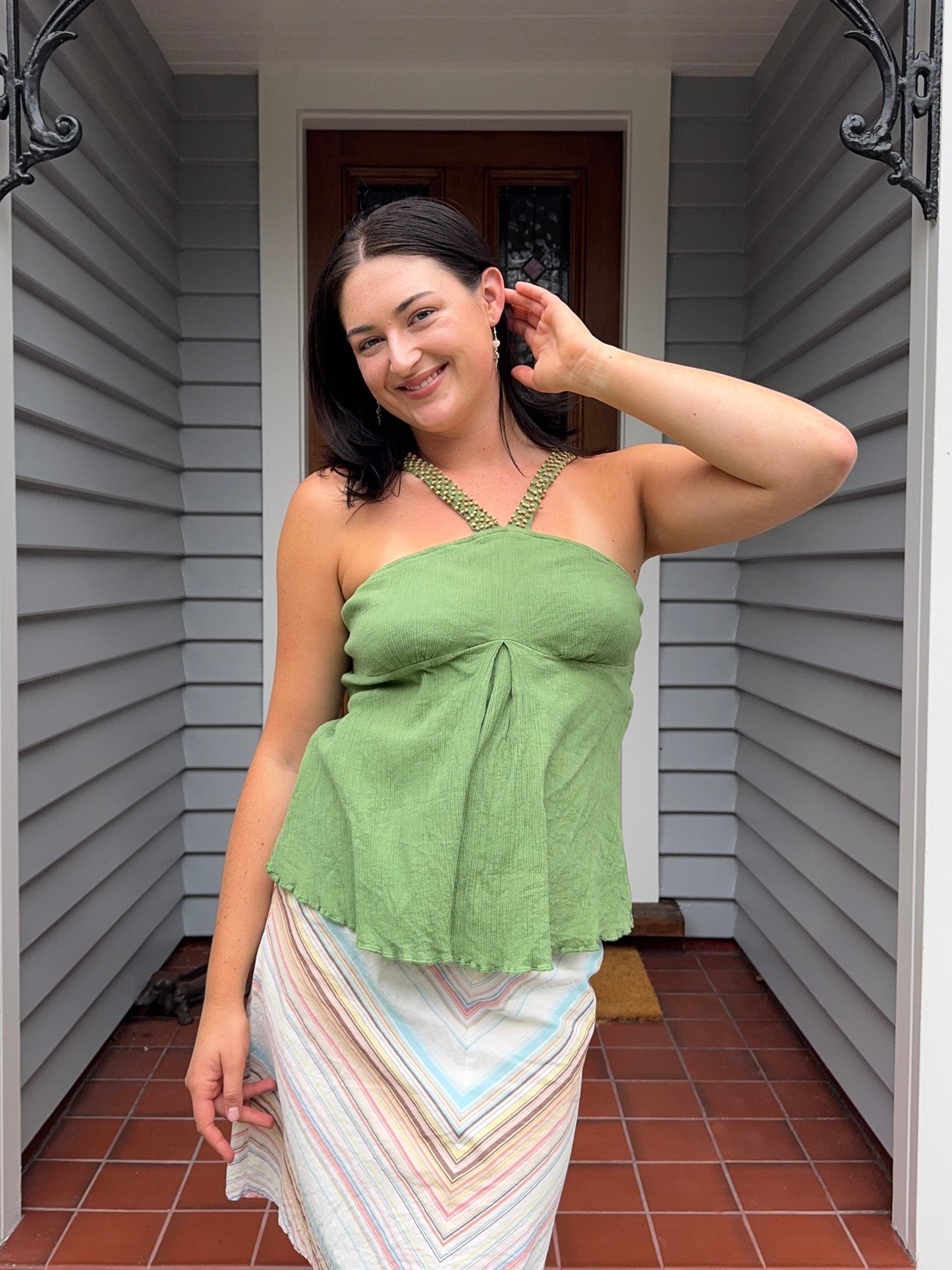 Green Beaded Halter Neck Top | Size 10