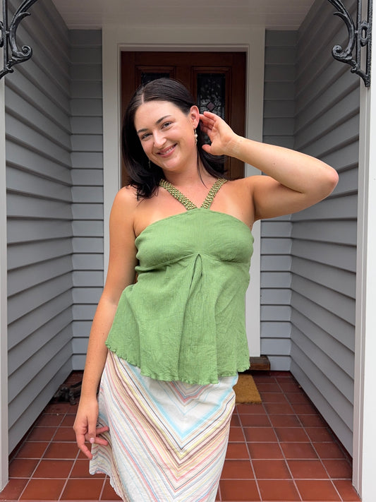 Green Beaded Halter Neck Top | Size 10