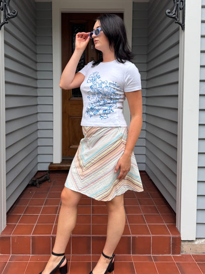 White T-Shirt with Blue Floral Design | Size M