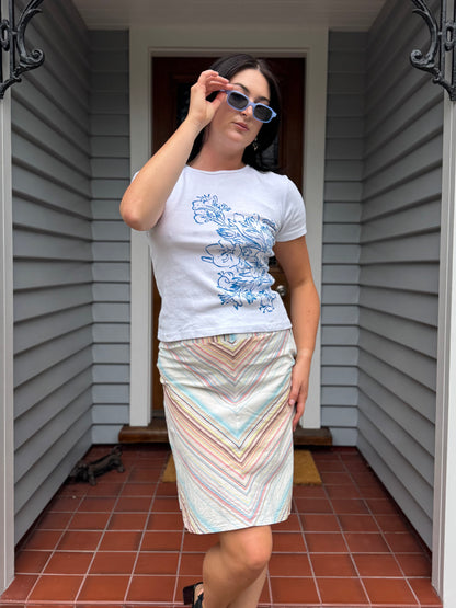 White T-Shirt with Blue Floral Design | Size M
