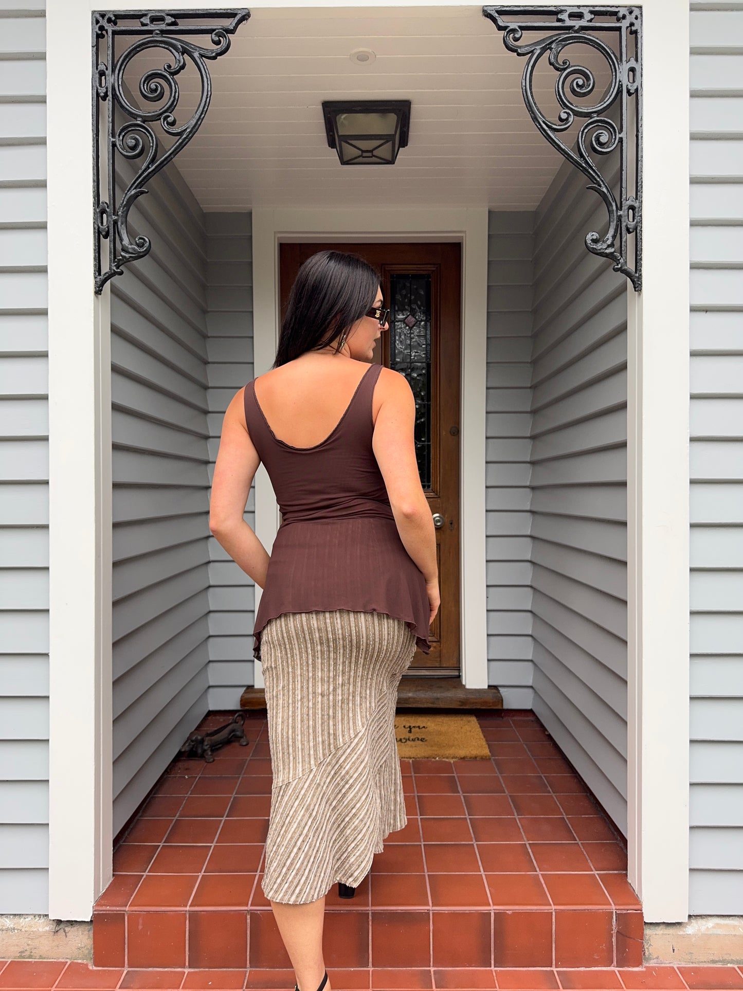 Brown Beaded Asymmetrical Hem Singlet | Size 8-10