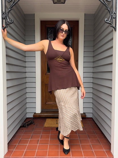 Brown Beaded Asymmetrical Hem Singlet | Size 8-10