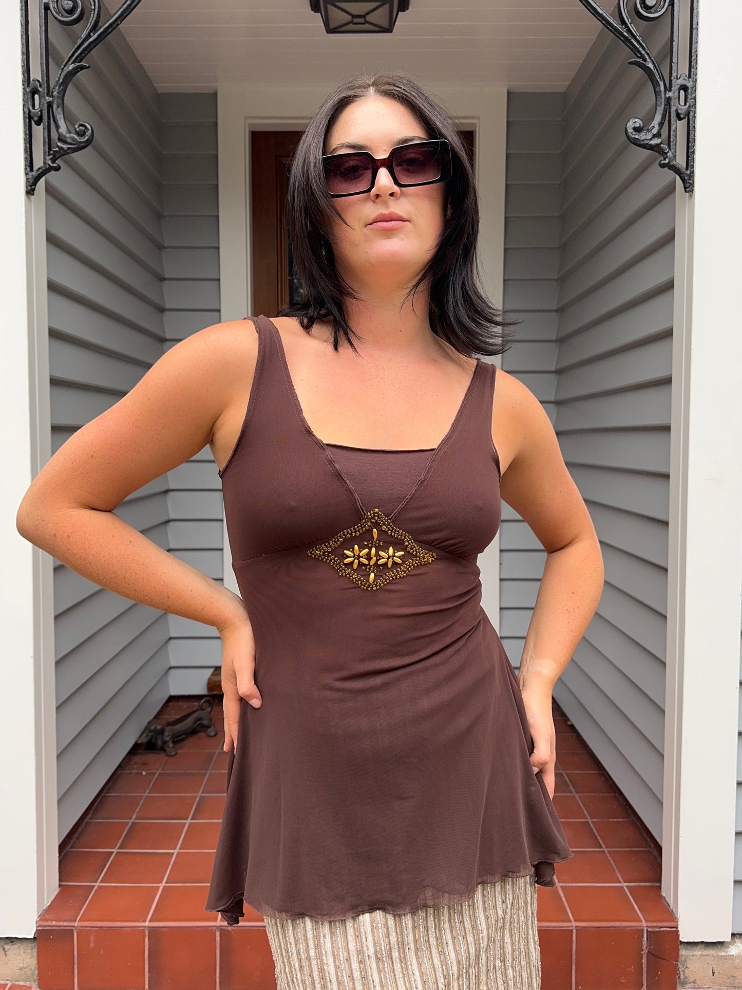 Brown Beaded Asymmetrical Hem Singlet | Size 8-10