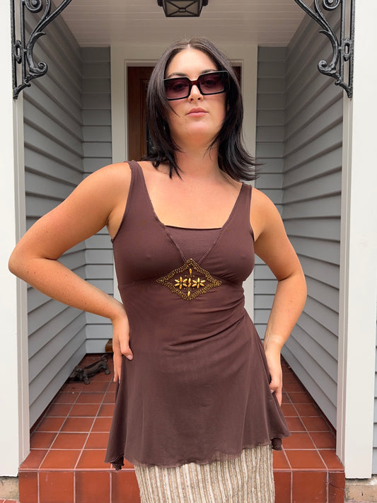 Brown Beaded Asymmetrical Hem Singlet | Size 8-10