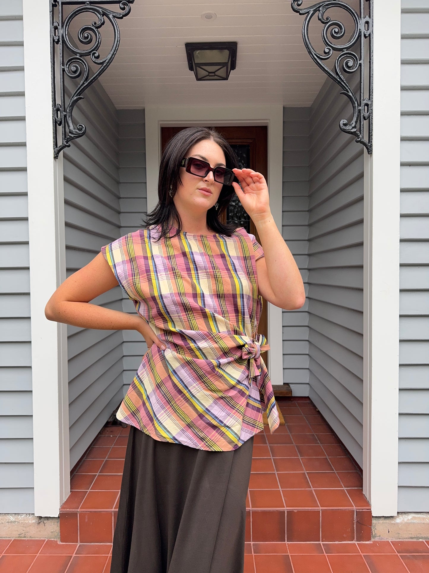 Plaid Side-Tie Blouse | Size 14-16