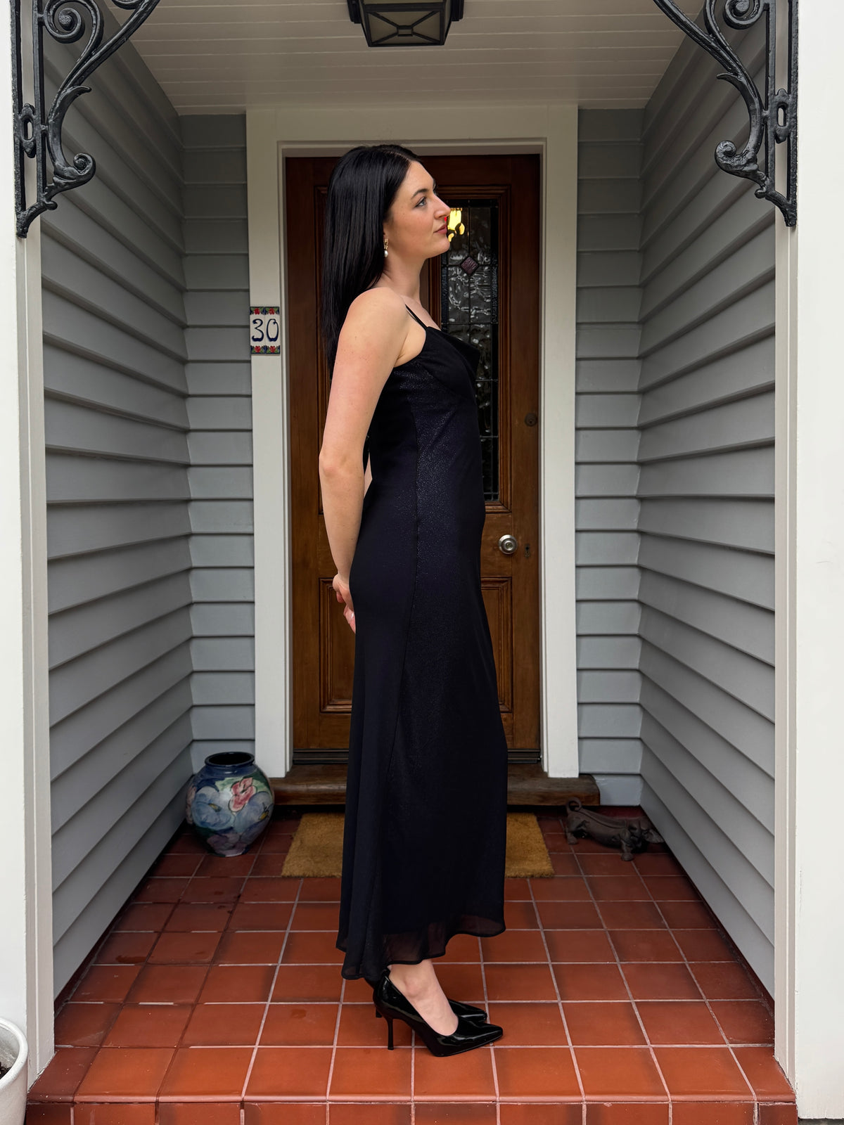 Vintage Dark Blue Sparkly Maxi Gown | Size 8-10