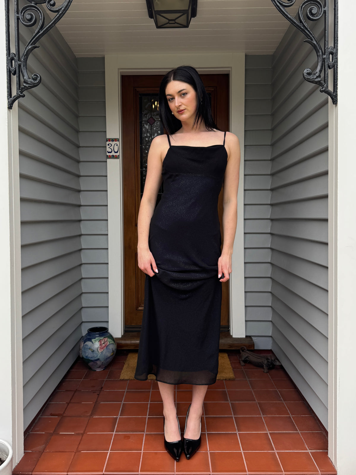 Vintage Dark Blue Sparkly Maxi Gown | Size 8-10