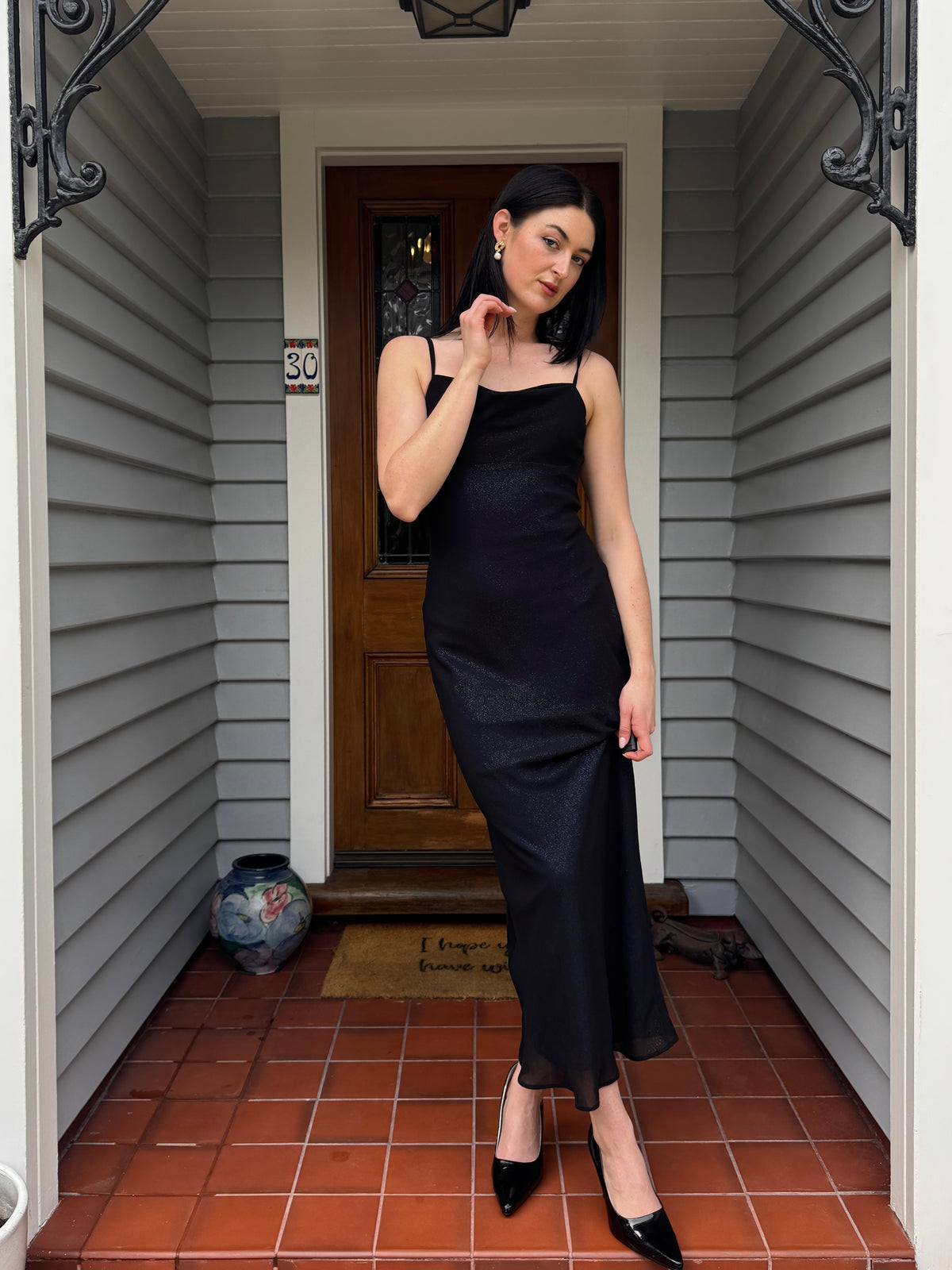 Vintage Dark Blue Sparkly Maxi Gown | Size 8-10