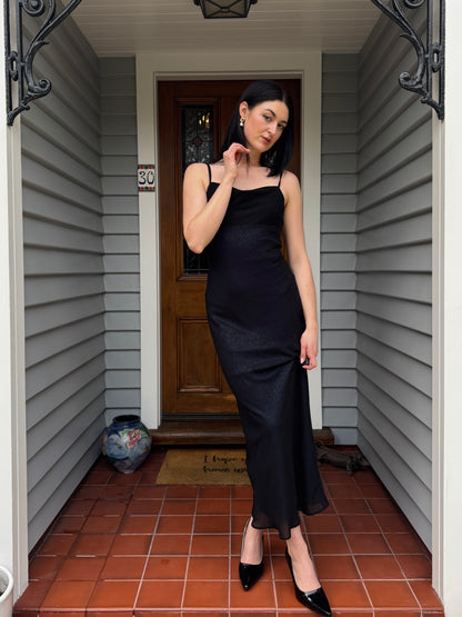 Vintage Dark Blue Sparkly Maxi Gown | Size 8-10