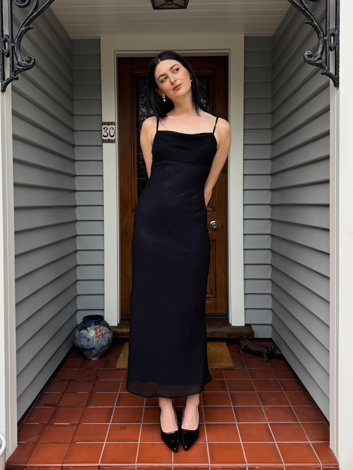 Vintage Dark Blue Sparkly Maxi Gown | Size 8-10