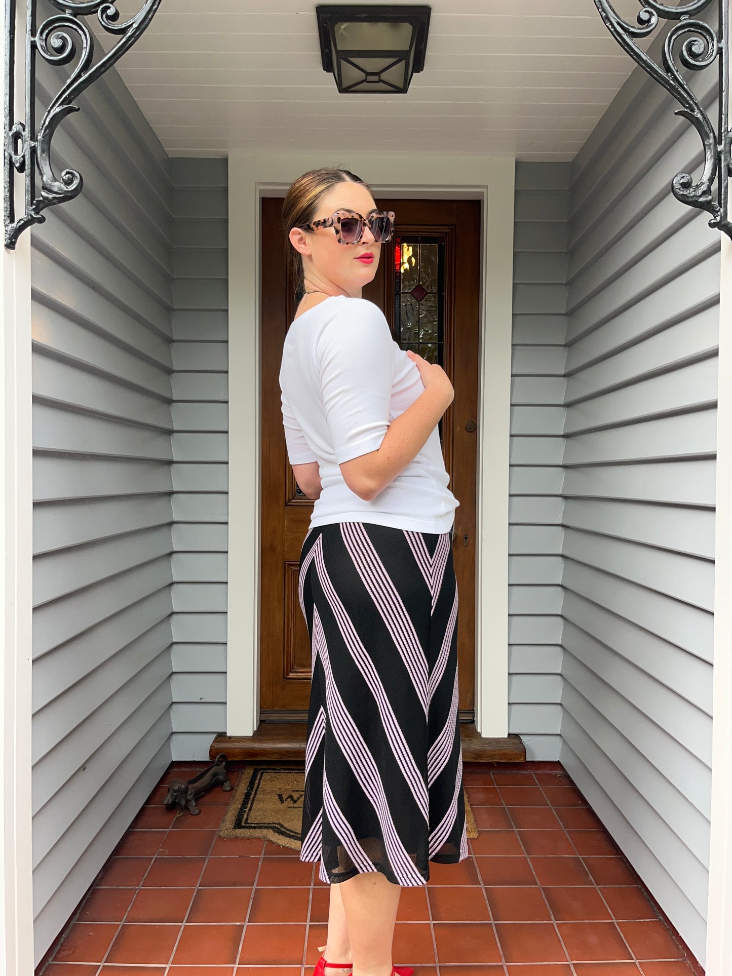 Purple Striped Midi Skirt | Size 10-12